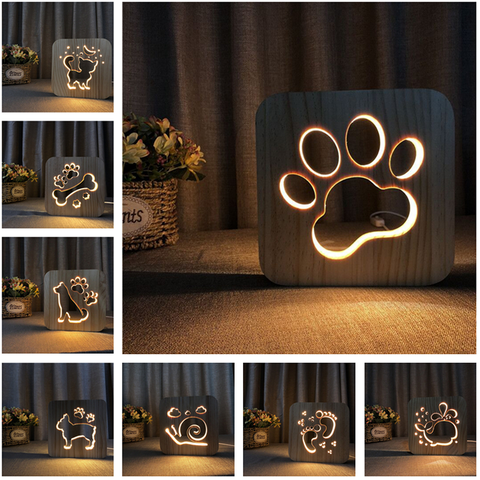 Acecorner LED USB Night Light Wooden Dog Paw Cat Wolf Head Animal Lamp Novelty Kid Bedroom 3D Decoration Table Lights Child Gift ► Photo 1/6