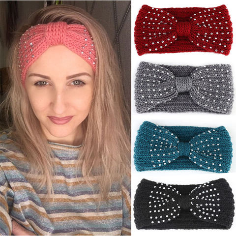 2022 Winter Warmer Ear Knitted Headband Turban For Lady Women Crochet Bowknot Rhinestone Hairband Headwrap Hair Accessories ► Photo 1/6