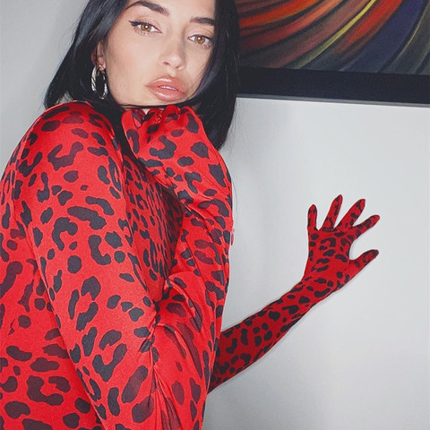 Vintage Red Leopard Print Turtleneck Long Sleeve Skinny Bodysuit With Glovers Autumn Sexy Party Clubwear Outfit Bodycon Body Top ► Photo 1/6