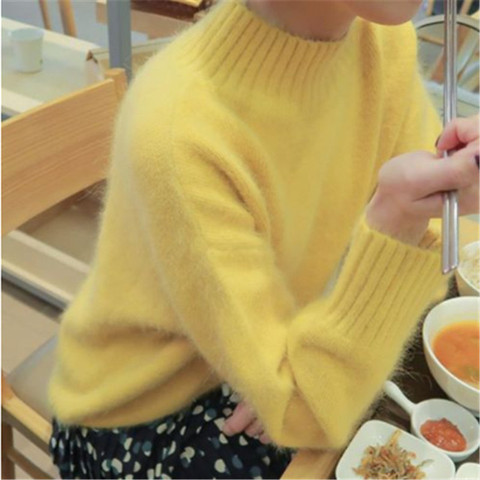 JSXDHK New Korean Women Knitted Sweater Autumn Winter Yellow Mink Cashmere Soft Warm Pullovers Casual Loose Stand Collar Tops ► Photo 1/6