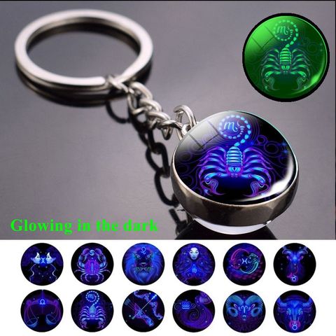 12 Constellation Keychain Fashion Double Side Cabochon Glass Ball Keychain Zodiac Signs Keyring Key Jewelry Glowing In The Dark ► Photo 1/6