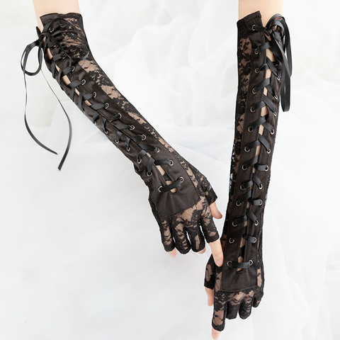 Black Lace Up Fingerless Gloves Elbow steampunk for Womens Costume Party Arm Warmer Sexy Mittens Clubwear Cosplay Accessories ► Photo 1/5