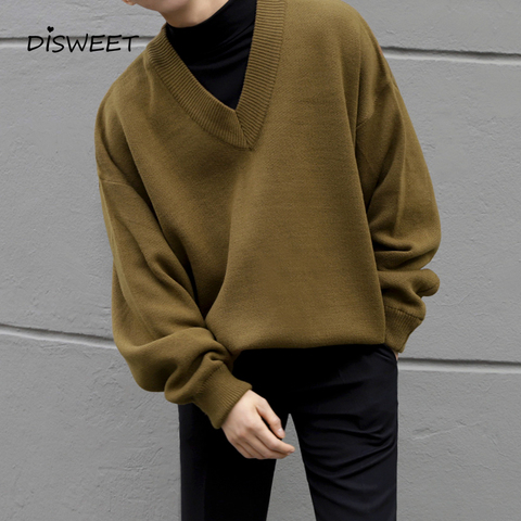 V-neck Knitted Sweater Men Korean Long Sleeve Loose Warm Pullover Men's Simple Solid Slim Sweater Boy 2022 ► Photo 1/6