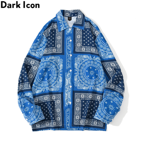 Dark Icon Blue Bandana Shirt Men Turn-down Collar Street Men's Shirt Long Sleeved Casual Shirts Man ► Photo 1/6