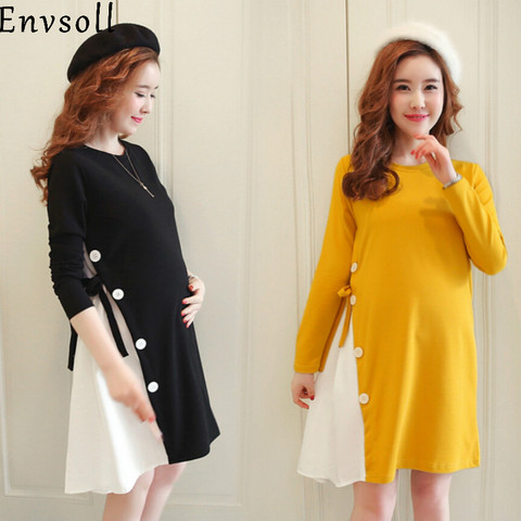 Envsoll New M-2XL Maternity Clothes Autumn Long Sleeve Cotton Pregnant Dress Black Yellow Pregnancy Clothes For Pregnant Women ► Photo 1/6