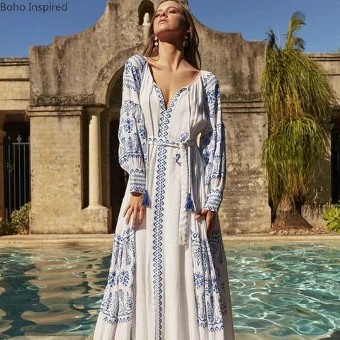 BOHO INSPIRED Moroccan embroidery Maxi Dress self tie boho dress v-neck tassle tie white dress female 2022 Spring summer dress ► Photo 1/6