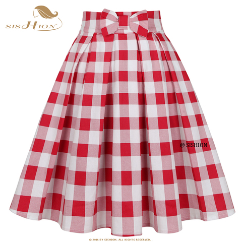 SISHION White Red High Waist Bow Checkered Skirt SS0012 XS-XXL Y2K Vintage Cotton Plus Size Women Clothes Pleated Plaid Skirts ► Photo 1/6