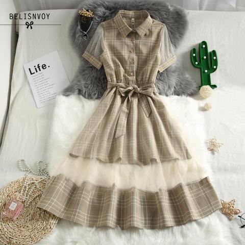 Elegant Turn-Down Collar Splice Mesh With Belt Dress Women Summer Office Tulle Casual Elegant Dresses Party Fashion Vestidos ► Photo 1/5