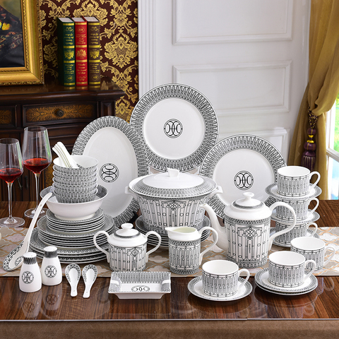 Luxury Bone China 58PCS Dinnerware Set White and Black Porcelain