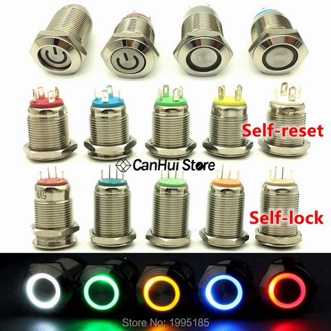 1pc 12mm Metal Push Button Switch Flat Head Ring/Power LOGO 3-6-12-110-220V Self-reset Momentary/locking Waterproof Car Auto Eng ► Photo 1/6