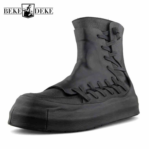 Harajuku Black High-Top Shoes Men Autumn Personality Genuine Cow Leather Desert Ankle Boots Luxury Round Toe Platform Sneakers ► Photo 1/6