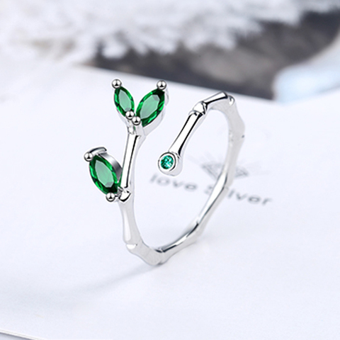 Fashion Female Wedding Jewelry Silver Color Bamboo Leaf Micro Pave Green Zircon Stone Adjustable Rings for Women Anillos Mujer ► Photo 1/6