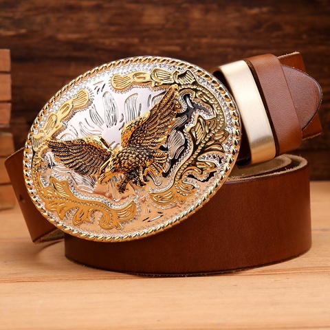 gold eagle big buckle full grain real leather 100% genuine leather hawk mens belts luxury high quality camel brown cowboys women ► Photo 1/1
