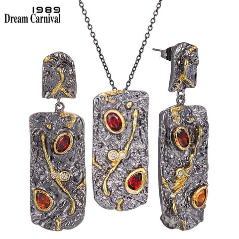 DreamCarnival1989 New Arrive Long Pendant Necklace Earrings Set Women Black Gold Vintage Red Water Drop Zircon Jewelry EP3989S2 ► Photo 1/6