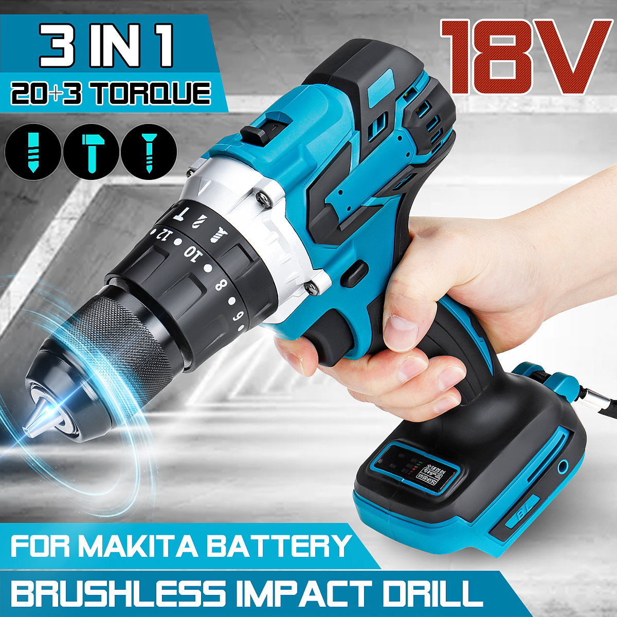 350N.m 3 in 1 Brushless Electric Hammer Drill Electric Screwdriver 13mm 20+3 Torque Cordless Impact Drill for Makita Battery 18V ► Photo 1/6