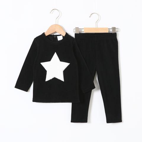 children clothes 2pcs set velour kids clothes baby boy clothes girls clothes round neck long pants heart star children set 2-5T ► Photo 1/6