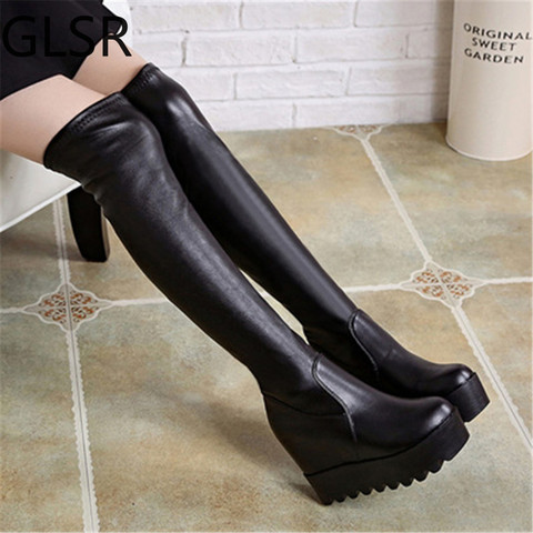 Women's Over The Knee Boots 2022 Leather Fashion Women Long Boots Autumn Winter Round Toe Ladies Platform Height Increasing Shoe ► Photo 1/6