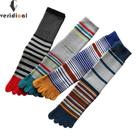 Veridical 5 Pairs/Lot Large Size Combed Cotton Five Finger Socks Man Striped Business Compression Party Dress Crew Toe Socks ► Photo 1/6