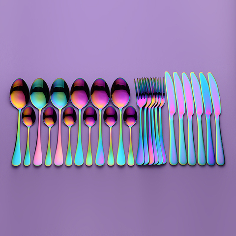 Lingeafey Rainbow Metal Cutlery Set Forks Knives Spoons Dinnerware Stainless Steel Set Cutlery Fork Spoon Knife Set Dropshipping ► Photo 1/6