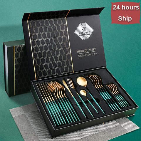 24pcs Gold Tableware Set Fork Spoon Knife Cutlery Set Stainless Steel Cake Stand Dinnerware Dinner Kitchen Holiday Gift Box ► Photo 1/6