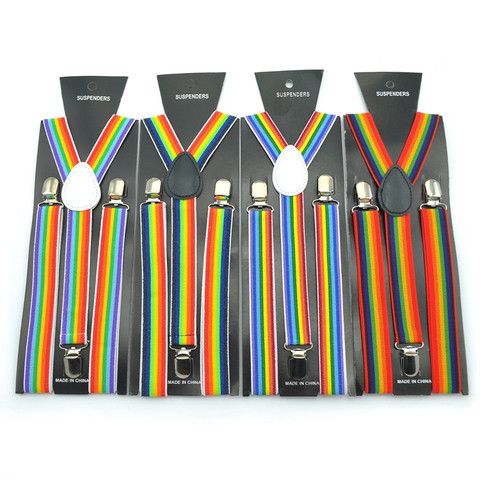 Elastic Leather Suspenders Men 3 Clips Rainbow Braces Vintage Mens Women Suspender for Trousers Wedding Suspensorio For Skirt ► Photo 1/6