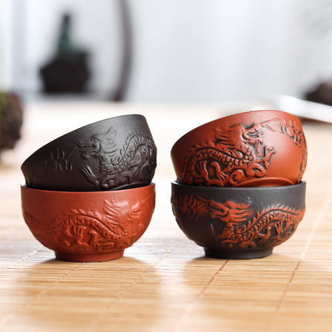 6pcs/pack Purple Clay Cup Antique Dragon Small Tea Cup Handmade Kungfu Teaset Large Ceramic Cup Tea Accessories ► Photo 1/4