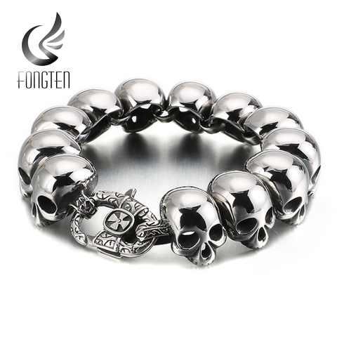 Fongten Skull Head Stainless Steel Bracelet Vintage Punk Skeleton Gothic Style Biker Charm Men Bracelets Bangles Jewelry ► Photo 1/6