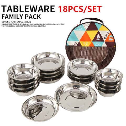 18Pcs/Set Portable Stainless Steel Outdoor Camping Tableware Barbecue Picnic Plate Bowl Dinnerware ► Photo 1/6