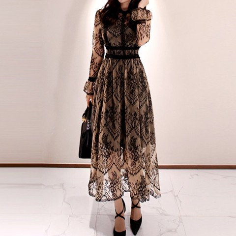 2022 Spring Elegant Sexy Women Vintage Lace Long Sleeve O-Neck Robe Femme OL High Waist Casual Slim Party Dresses ► Photo 1/6