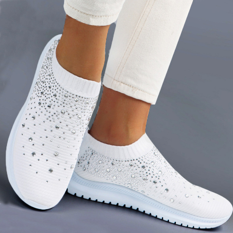 White Snekaers Women Crystal Fashion Flats Shoes Bling Casual Slip On Sock Sneakers Ladies Trainers Summer Women Vulcanize Shoes ► Photo 1/6
