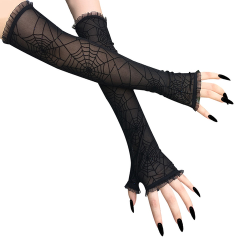 Women Long Gloves Sunscreen Bands Spider Web Pattern Half Finger Mesh Gloves Cosplay Performance Black Fashion Sexy Arm Sleeves ► Photo 1/6