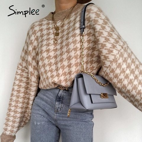 Simplee Women geometric khaki knitted sweater women casual Houndstooth lady pullover sweater female Autumn winter retro jumper ► Photo 1/6