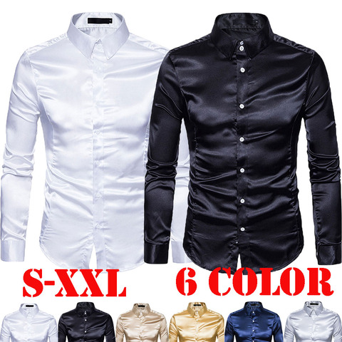 Plus size S-XXL Mens Formal Casual Shirt Top Satin Silk Dress Shirt Long Sleeve Slim Business Classic ► Photo 1/6