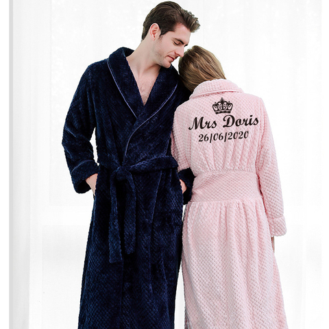 Customize Nama Date Women Men Warm Dobby Coral Fleece Bathrobe Winter Thick Flannel Thermal Kimono Dressing Gown Bride Peignoir ► Photo 1/6