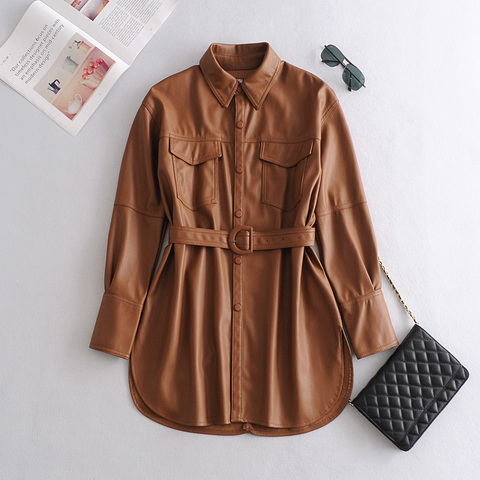 2022 Brand Faux Soft Leather Jackets Coats Lady Khaki single breasted Pu Shirt New Autumn Winter Casual Long Sleeve Tops Blouse ► Photo 1/6