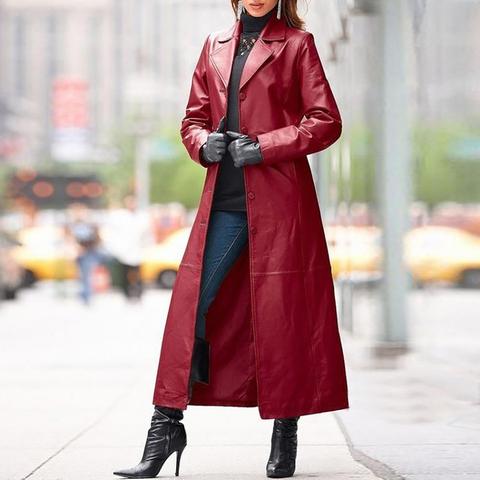 Trench Women Coat Autumn Winter Solid Color Faux Leather Long Slim Wind Coat Windbreaker Plus Size Fashion Cool Coats 4 Colors ► Photo 1/1