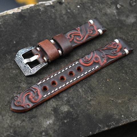 Watch Band 20mm 22mm Vintage Leather Carved Embossed Watch Straps for Panerai Watchband With Carved Buckle Engraved Clasp ► Photo 1/6