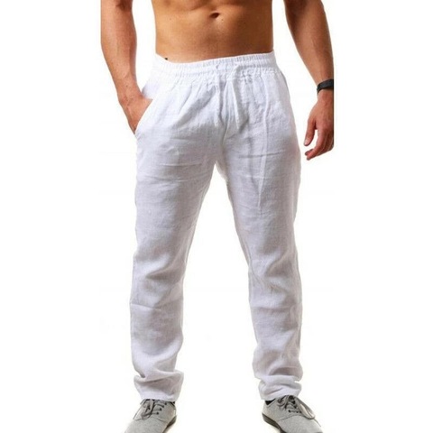 New Arrival Mens Elastic Waist Cotton and Linen Trousers Men Solid