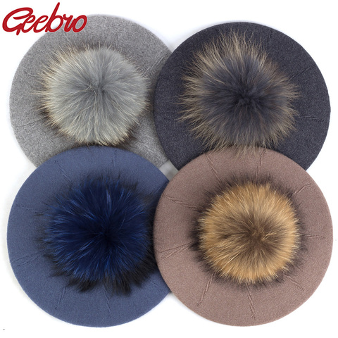 Geebro Female Winter Berets with 15 cm Real Ball Pom Pom Hat For Women Girl's Knitted Cap Thick Women'S Slouchy Skullies Beanies ► Photo 1/6