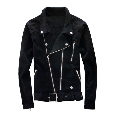 ABOORUN Biker Denim Jacket Men Multi Zipper Belt Jeans Jacket Punk Slim fit Streetwear Outwear Male R2457 ► Photo 1/4