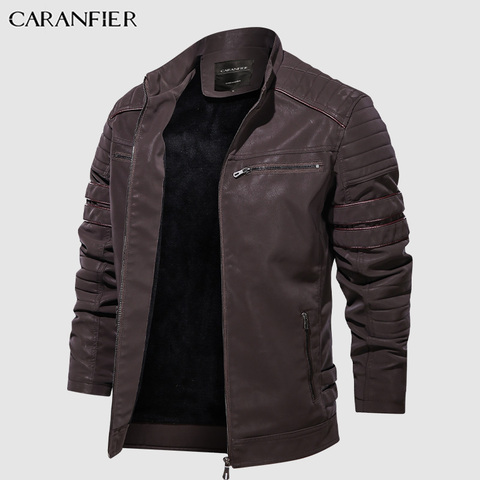 CARANFIER Fashion Winter Leather Jacket Men Stand Collar Motorcycle Washed Retro Velour Leather Jacket European Size Mens Coats ► Photo 1/6