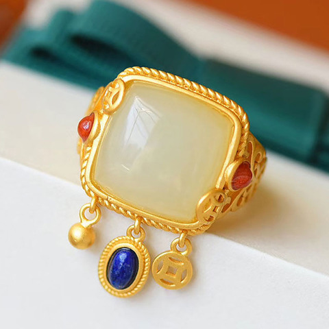 sNew silver inlaid natural Hetian jade square tassel retro niche palace ethnic style advanced opening adjustable women's ring ► Photo 1/6