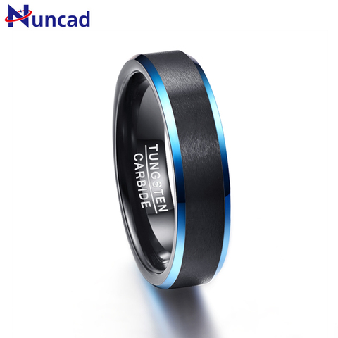 NUNCAD 6MM Blue Beveled Edges Black Tungsten Carbide Ring Matte Brushed Finish Comfort Fit Size 7 to 12 ► Photo 1/6