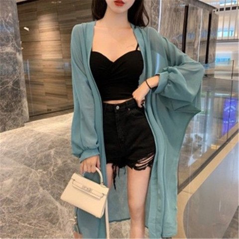 1PCS Women Blouse Summer Puff Sleeve Long Chiffon Shirt Kimono Cardigan Black White Loose Kimono Ladies Tops Sun-protective Tops ► Photo 1/6