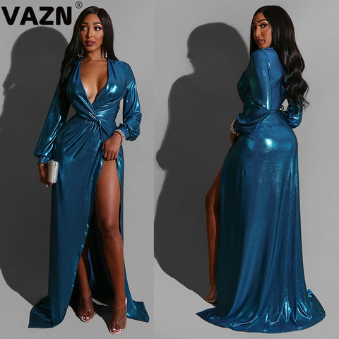 VAZN Blue Autumn Formal V-neck A-line Party Vintage Night Club Sexy Slim Young Dress 2022 Long Sleeve dress Women Dress ► Photo 1/3