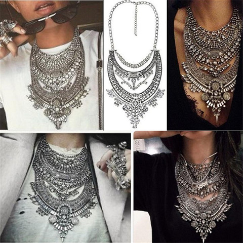 Fashion Silver Color Vintage Large Collar Choker Necklace Women Long Maxi Chunky Big Bib Necklace Indian Statement Neckalce Girl ► Photo 1/4