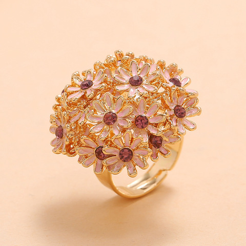 Romantic Pink Flower Rings for Women Bohemian Rhinestone Statement Ring Adjustable Female Bridal Wedding Beach Party Jewelry ► Photo 1/4