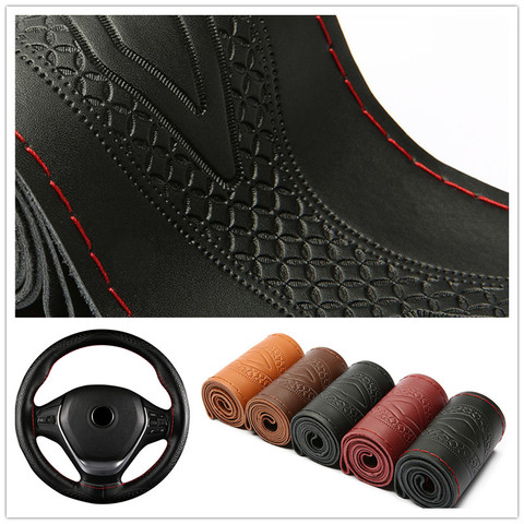 2022 Braid Genuine Leather Steering Wheel Cover Embossing Pattern Leather Braiding For Steering Wheel 38CM ► Photo 1/6