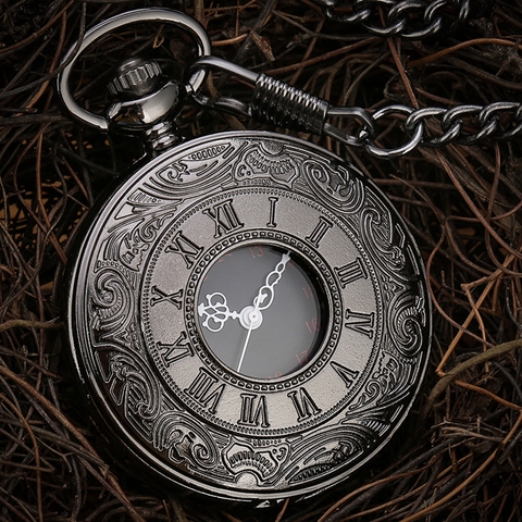 Black Roman Numerals Quartz Pocket Watch Men Women Black Hollow Case Steampunk Vintage Pendant Necklace Best Gifts for Men Women ► Photo 1/6