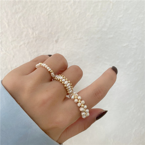 AOMU Natural Baroque Pearl Ring Female Ins Tide Fashion Japanese Retro Cold Elastic Ring for Women Adjustable Waven Ring ► Photo 1/6